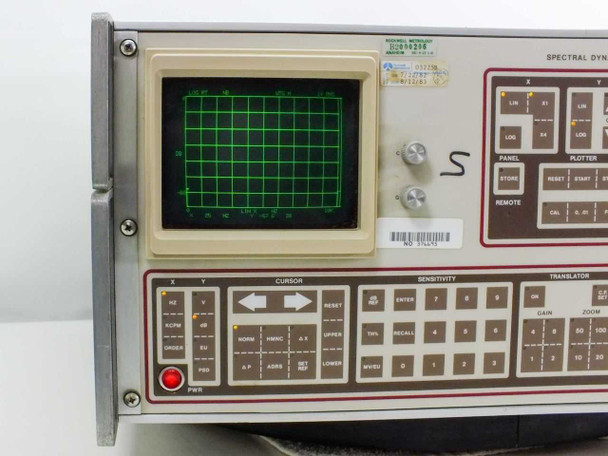 Spectral Dynamics SD345 Spectrascope III left-angle front view showing CRT display with green graticule, power button, and full dual keypad layout