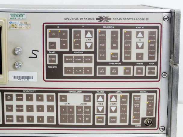 Spectral Dynamics SD345 Spectrascope III front panel detail — right-side close-up showing X, Y, Function, Avg MI, Panel, Plotter, Spectrum, Sensitivity, Translator, Range, Level, Signal sections with indicator LEDs