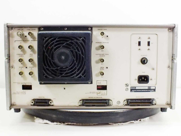 Spectral Dynamics SD345-3B02 Spectrascope III rear panel detail — showing BNC input/output connectors, plotter outputs, composite video, scope outputs, and large exhaust fan