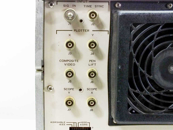 Spectral Dynamics SD345 Spectrascope III rear I/O panel close-up — SIG IN (J1), TIME SYNC (J2), Plotter X/Y (J3/J4), Composite Video (J5), Pen Lift (J6), Scope Y/X (J7/J8) BNC connectors, and GPIB IEEE-488 addressable port