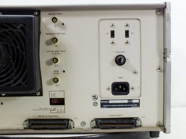 Spectral Dynamics SD345-3B02 Spectrascope III rear power section — 10A SLO fuse, power switch (S1/S2), IEC power inlet, AUX connector, Sense & Control (J7) and Auxiliary (J8) D-sub buses, and Spectral Dynamics Corporation San Diego model plate