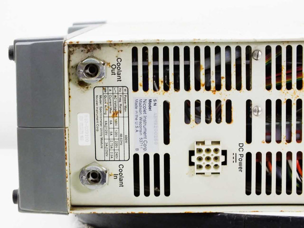 Nicolet Spectrometer Service Module – rear panel close-up showing Coolant In and Coolant Out ports, rating label, and DC Power multi-pin connector; surface rust visible on chassis rear