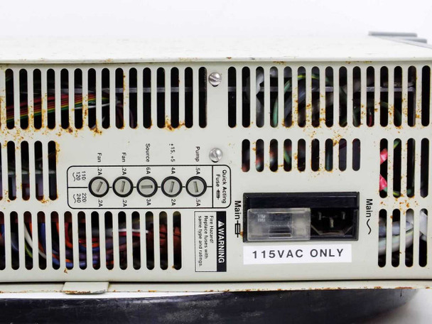 Nicolet Spectrometer Service Module – rear panel showing fuse holder block (Fan, Source, Pump fuses), IEC AC main inlet, and 115VAC ONLY label; rust visible on lower chassis