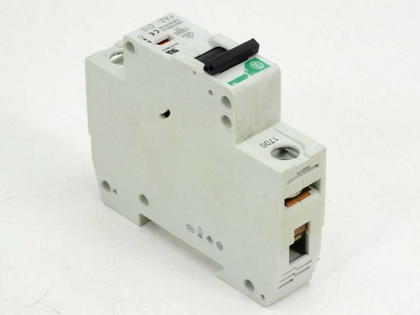 Eaton Moller FAZ-C10/1 circuit breaker – right-side view showing label, red trip indicator window, and date code 1700
