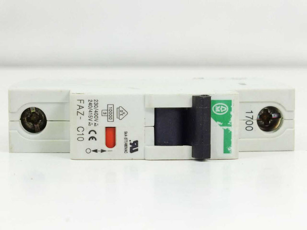 Eaton Moller FAZ-C10/1 circuit breaker – opposite side view showing terminal screws, label, and date code 1700