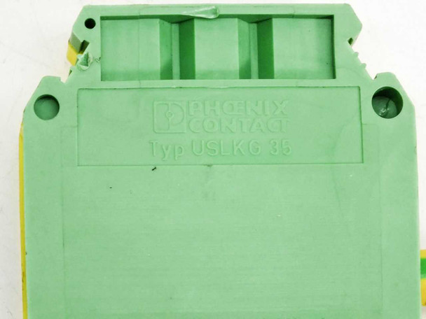 Phoenix Contact USLKG 35 terminal block – close-up of molded label showing Phoenix Contact logo and Typ USLKG 35 marking