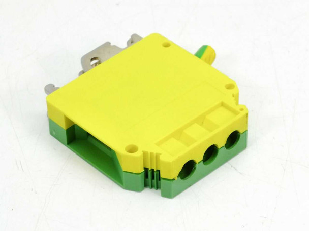 Phoenix Contact USLKG 35 ground terminal block – front and top view showing yellow cover and green DIN rail base