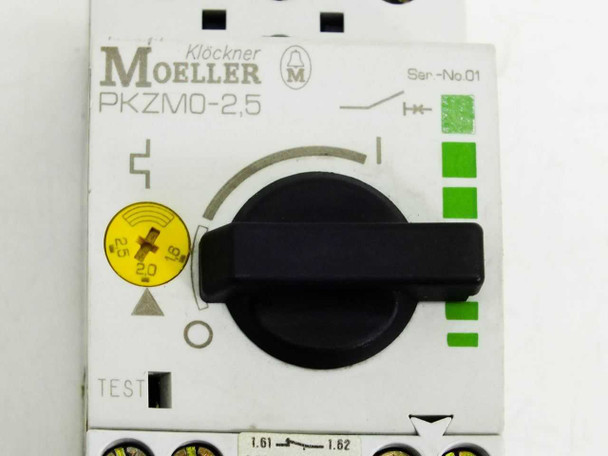 Eaton Moeller PKZM0-2.5 Manual Motor Protector – close-up front view of rotary dial showing 1.6–2.5A adjustment range and TEST button