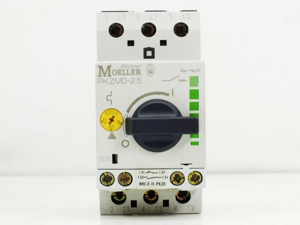 Eaton Moeller PKZM0-2.5 Manual Motor Protector – front face view showing PKZM0-2.5 model label, rotary handle, green indicator strips, and NHI-E-11-PKZ0 auxiliary contact block