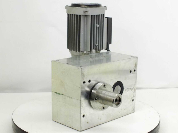 TaktOMat XP 80 indexing gearbox with Sigl GmbH D63 A4 B14 motor — rear three-quarter view showing aluminum housing and dual output shaft face