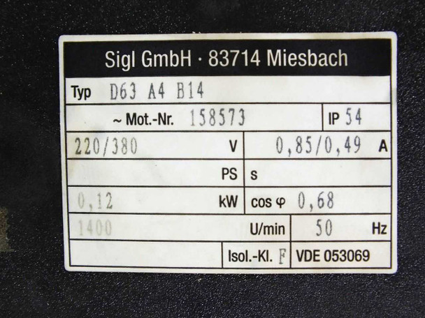 Sigl GmbH motor nameplate: Type D63 A4 B14, 220/380V, 0.12 kW, 1400 RPM, IP54, 50 Hz, Insulation Class F
