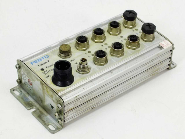 Festo CP-A08-M12-5POL 8-port solenoid valve output module – front panel view showing M12 connectors, Power and Diag LEDs, and 24VDC input connector