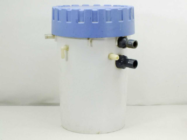 Plastican 6.5 Gallon White Housing Filter with blue threaded lid and two black barbed side-mount fittings – front right view