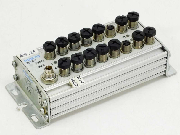 Festo CP-E16-M8 21600 16-input module — front view showing 16 M8 3-pin connectors and INPUT-P POWER DIAG label