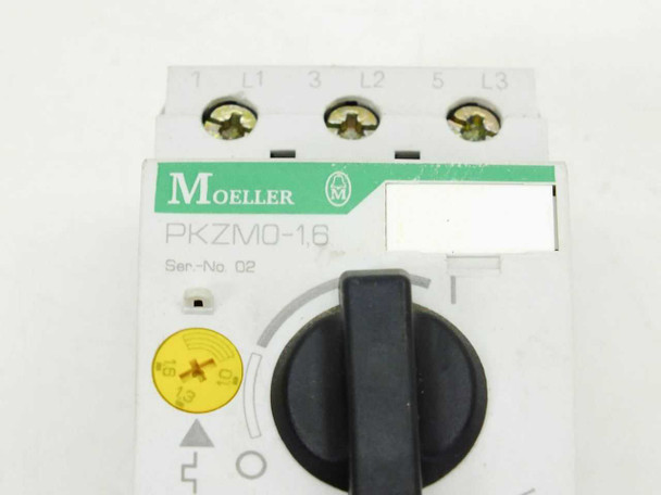 Eaton Moeller PKZM0-1.6 Manual Motor Protector – top closeup showing model number label, Ser. No. 02, and input terminals L1 L2 L3