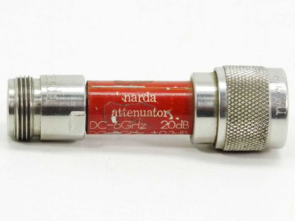 Narda 773-20 attenuator – side label reading 'narda attenuator DC-6GHz 20dB' with N-type connectors visible