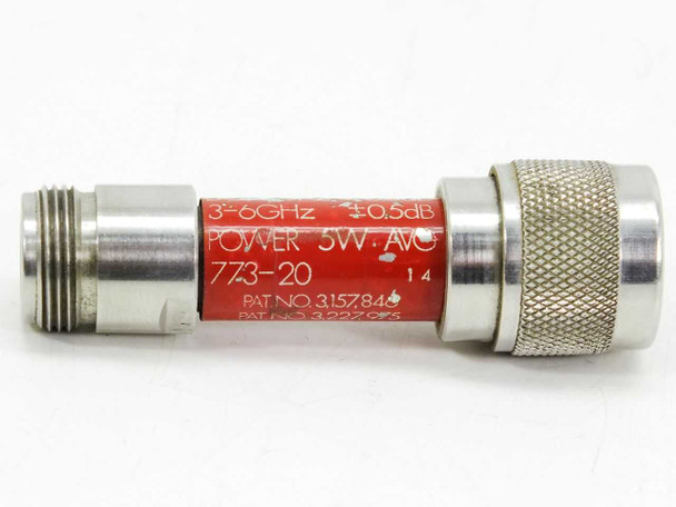 Narda 773-20 attenuator label detail – showing 3-6GHz ±0.5dB flatness, POWER 5W AVG, model number, and patent numbers