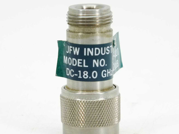 JFW Industries 50HF-020 attenuator — upright side view showing full teal label: JFW Industries, Model No., DC-18.0 GHz