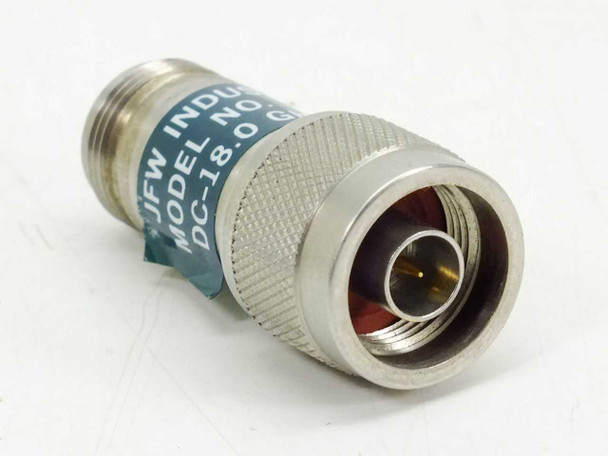 JFW Industries 50HF-020 20dB coaxial attenuator — angled view showing N-male connector end and teal model label reading DC-18.0 GHz