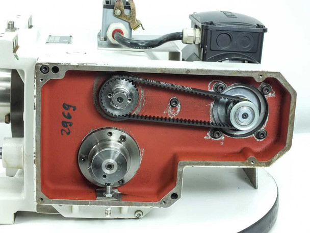 HC0110S internal belt drive cavity – red-painted housing showing HTD timing belts and toothed sprocket pulleys