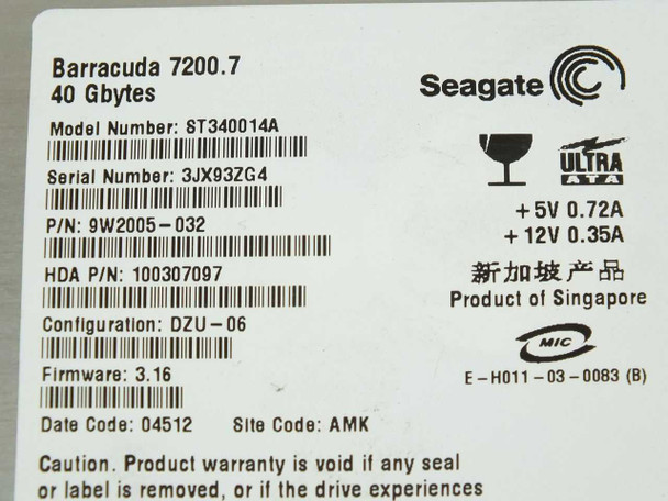 Seagate ST340014A Barracuda 7200.7 drive label close-up showing model number, serial number, P/N 9W2005-032, firmware 3.16, and power ratings