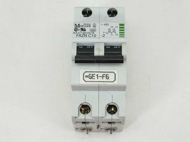 Eaton Moeller FAZN C10 circuit breaker – front face view showing FAZN C10 label, dual OFF toggles, and terminal openings
