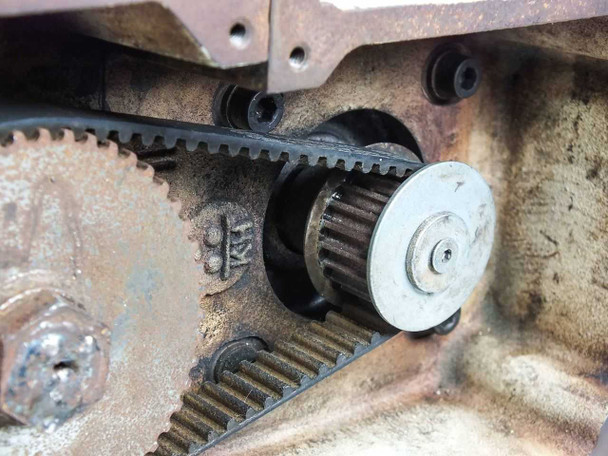 Singulus TC 47 – close-up of smaller intermediate drive pulley and HTD timing belt engagement