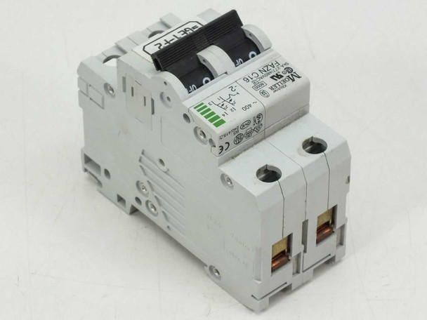 Eaton Moeller FAZN C16 2-pole circuit breaker – three-quarter right-side view showing label and copper terminal lugs