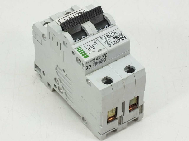 Eaton Moeller FAZN C6 circuit breaker – right side angle view showing wiring terminals and DIN rail clip