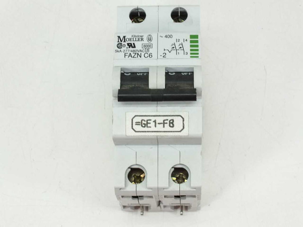 Eaton Moeller FAZN C6 2-pole breaker – front face view showing toggle switches in OFF position and rating label