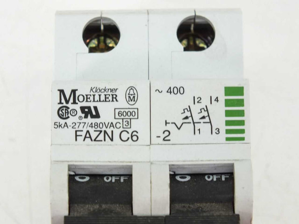 Eaton Moeller FAZN C6 breaker – close-up of front label showing 5kA 277/480VAC rating and trip curve diagram