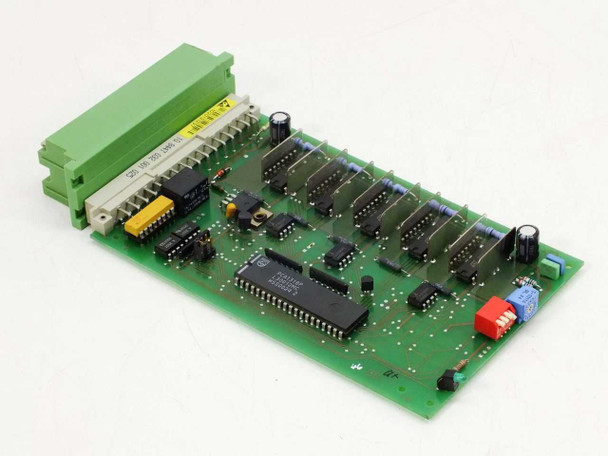 Berger Lahr 220642-00-01 control PCB — reverse top-side angle showing Motorola main IC, relay array, and dual-row screw-terminal block