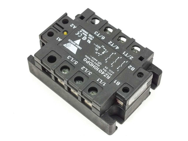 Carlo Gavazzi RZ4010HDP0 solid state relay block rear and side view showing output terminals 2/T1, 4/T2, 6/T3 and Carlo Gavazzi logo label
