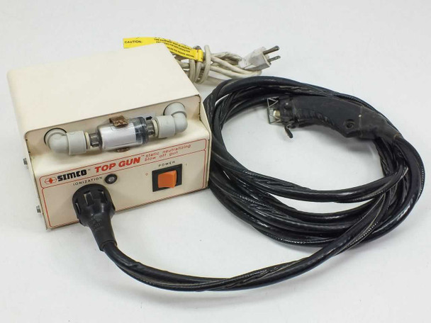Simco F10 Top Gun static neutralizing blow off gun — front three-quarter view showing power unit with ionization tube, controls, and handheld gun with cable