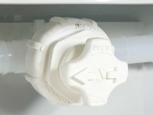 Close-up of Fluoroware 201-35 valve knob actuator showing OPEN and CLOSE markings and Fluoroware brand text on white polypropylene body
