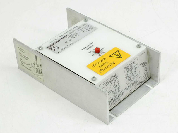 Ziehl-Abegg PDE10E-M – right-side and top view showing model label, CE mark, and Achtung Fremdspannung warning label