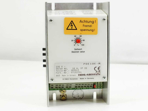 Ziehl-Abegg PDE10E-M – front panel showing Sollwert/Desired Value dial (20-100%), Teile-Nr 303511, Fert-Nr 97152791, IP20 rating, and ZIEHL-ABEGG nameplate