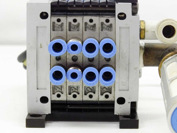 Festo CPV-10-VI0782 front face view showing 8 blue push-in pneumatic output ports in two rows across 4 sub-base positions