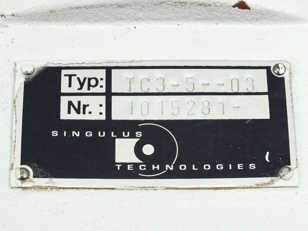 Singulus TC3-5--03 – close-up of type plate reading Typ TC3-5--03, Nr 1015281, Singulus Technologies logo