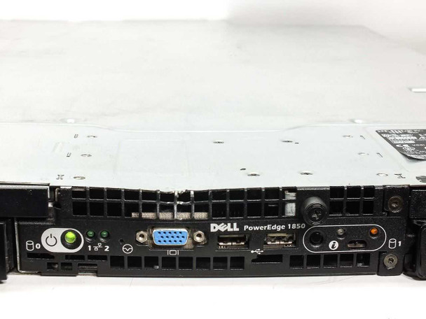 Dell PowerEdge 1850 front panel close-up – power button, drive activity LEDs, VGA and USB ports, Dell badge