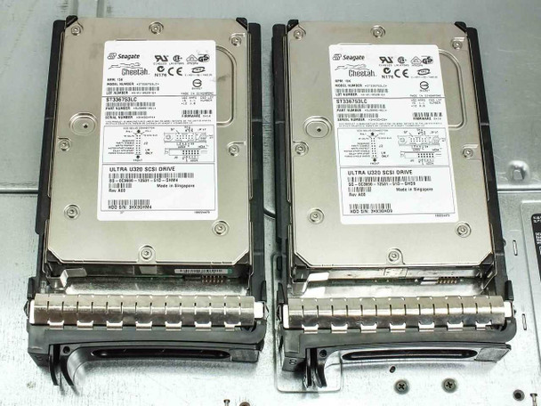 Two Seagate Cheetah Ultra U320 SCSI hard drives in Dell hot-swap trays removed from PowerEdge 1850