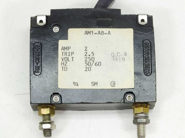 Heinemann AM1-A8-A circuit breaker – close-up of rating label showing AMP 2, TRIP 2.5, VOLT 250, HZ 50/60, TD 20, UL and CSA marks