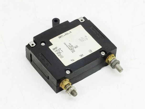 Heinemann AM1-A8-A 2A 250V circuit breaker – top/front angle view showing label with AMP, TRIP, VOLT, HZ, and TD ratings