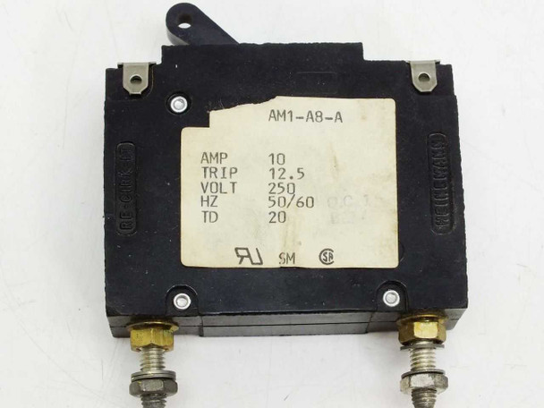 Heinemann AM1-A8-A circuit breaker – face-up view of rating label clearly showing all spec values and model number