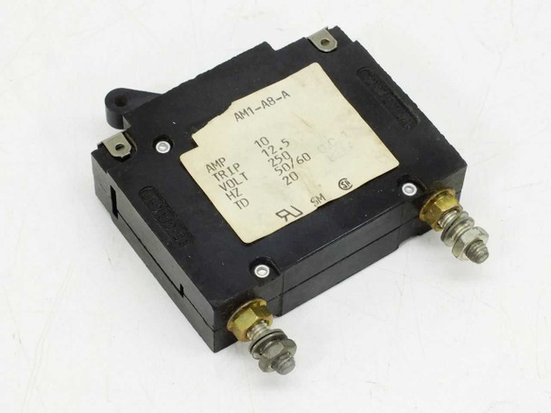Heinemann AM1-A8-A 10A 250V circuit breaker – top view showing rating label with AMP 10, TRIP 12.5, VOLT 250, HZ 50/60, TD 20