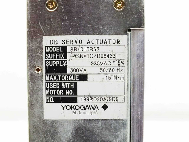 Yokogawa SR1015B62 DD Servo Actuator — close-up of rating label showing Model SR1015B62, Suffix -4SN*1C/D98433, Supply 230VAC 500VA 50/60Hz, Max Torque 15 N·m, Unit No. 199RD20379D9