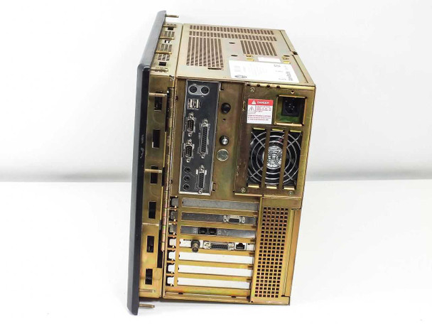 Allen-Bradley 6180-DHKEFGBZFCZ left side of chassis showing rear I/O panel with USB ports, DB9 serial connectors, DB25 parallel port, and power supply with cooling fan