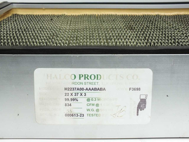 Halco Products Co. label on H2237A00-AAABABA filter showing model number, 22x37x3 dimensions, 99.99% efficiency at 0.3 microns, 834 CFM rating