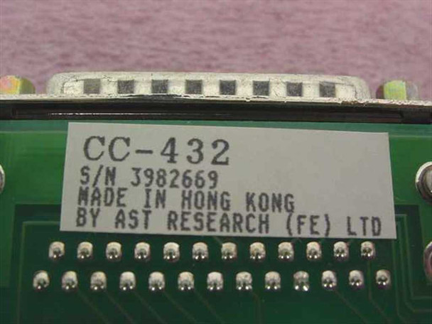 AST Research CC-432 label close-up showing model number, serial number 3982669, Made in Hong Kong by AST Research (FE) Ltd