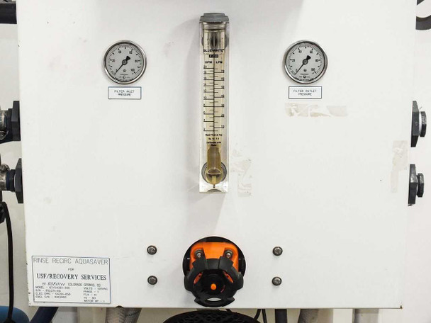 USFilter panel detail showing filter inlet and outlet pressure gauges, flow meter, and ball valve with Rinse Recirc Aquasaver nameplate visible